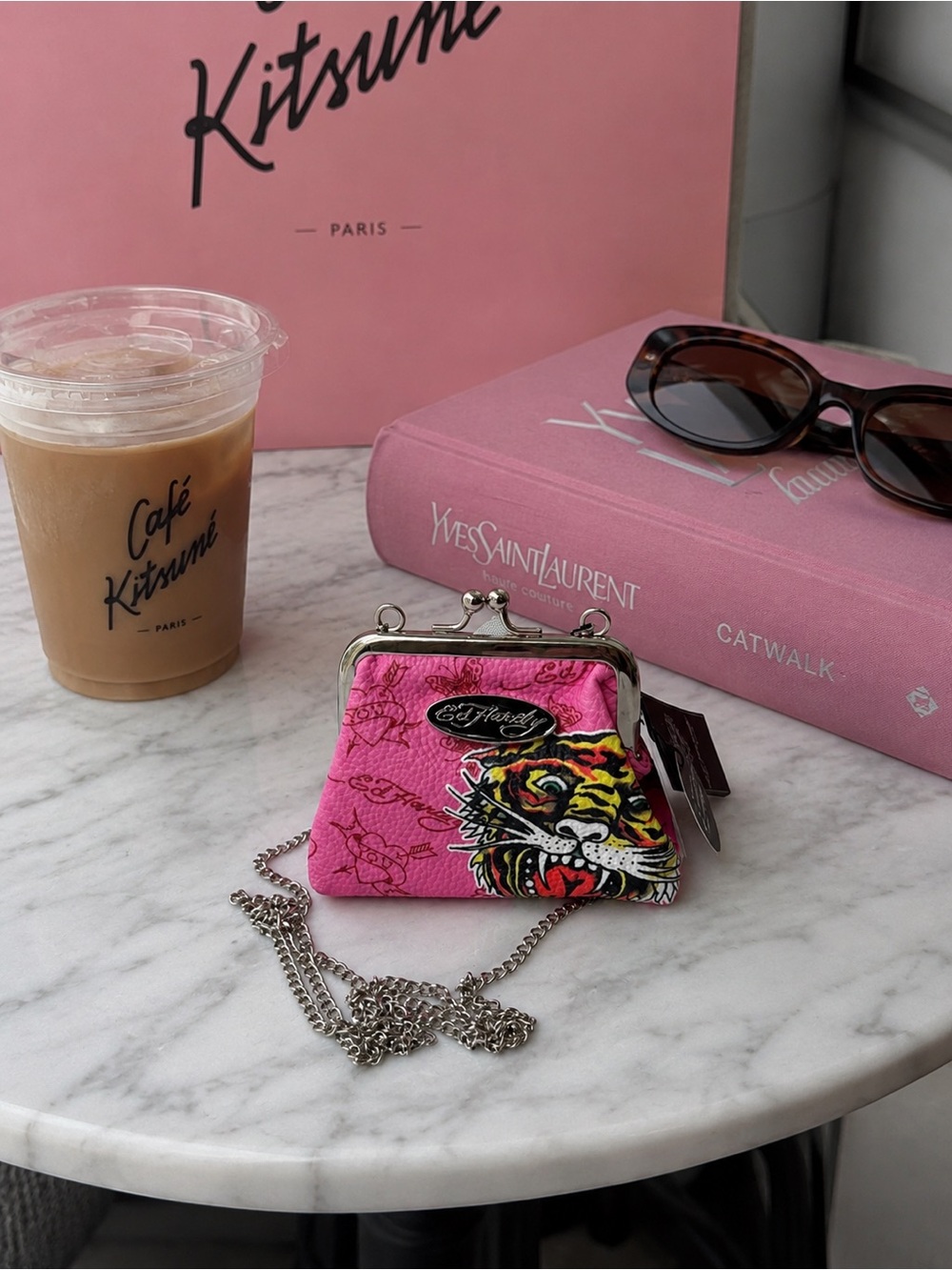 NWT Ed Hardy Pink Tiger Kiss Lock Coin Purse Chain Wallet Y2K